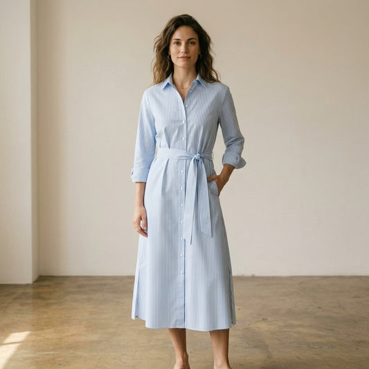 Abito chemisier a righe azzurre indossato da modella - Valen