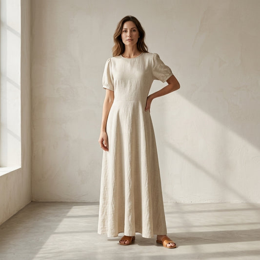 Abito lungo in lino naturale indossato da modella - Valen