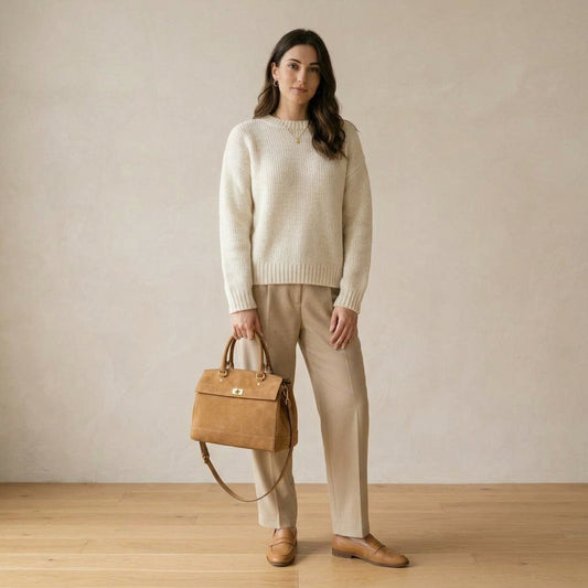 Borsa a mano in pelle scamosciata cammello indossato da modella - Valen