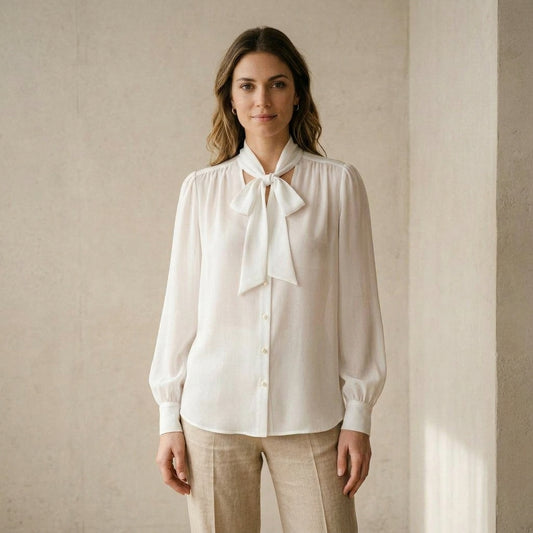 Camicia fusciacca in georgette bianco ottico indossato da modella - Valen