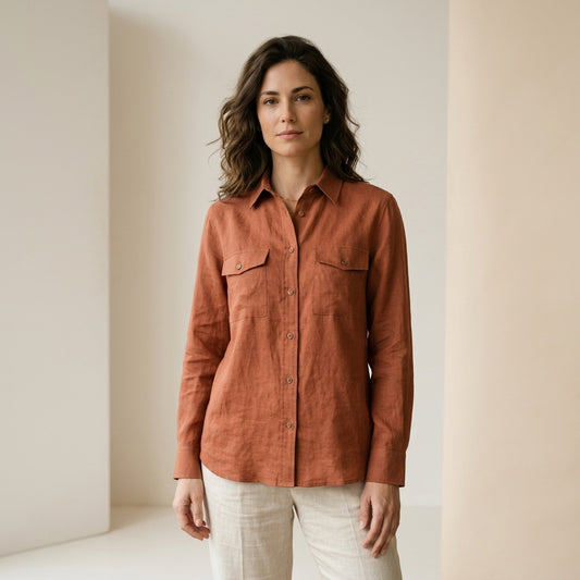 Camicia in lino grezzo terracotta indossato da modella - Valen