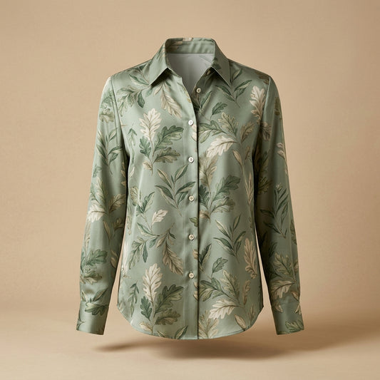 Camicia in seta stampa foglie verde salvia