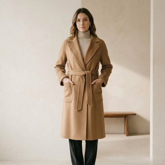 Cappotto in lana cammello a vestaglia indossato da modella - Valen