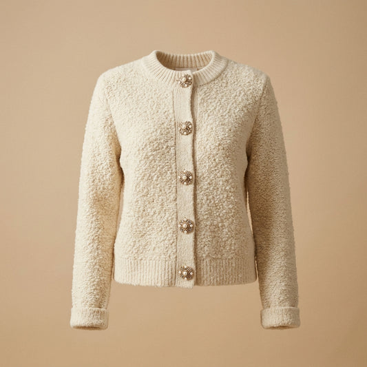 Cardigan bouclé écru con bottoni gioiello