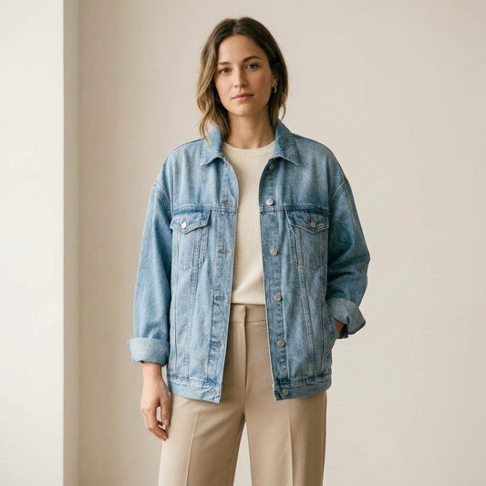 Giacca in denim chiaro oversize indossato da modella - Valen
