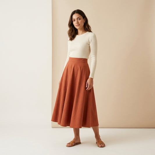 Gonna a ruota midi terracotta indossato da modella - Valen
