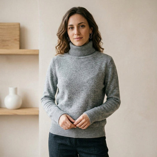 Maglione a collo alto grigio melange indossato da modella - Valen