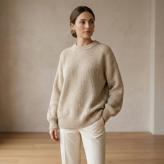 Maglione oversize color avena indossato da modella - Valen