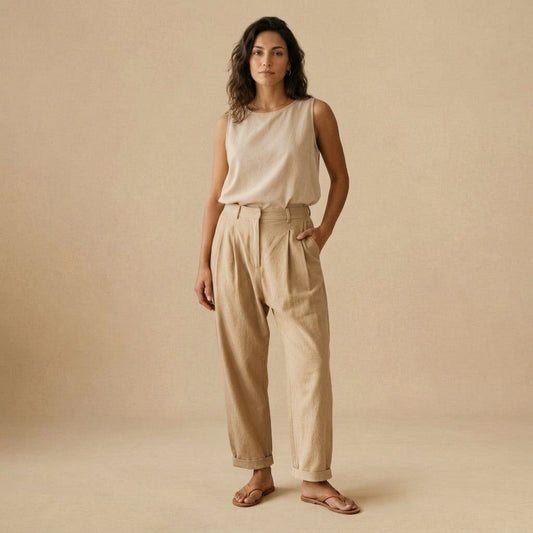 Pantalone con pince e cavallo basso beige indossato da modella - Valen