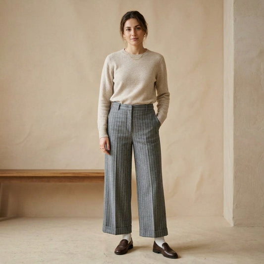 Pantalone culotte a righe gessate indossato da modella - Valen