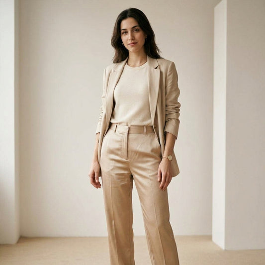 Pantalone in raso color champagne indossato da modella - Valen